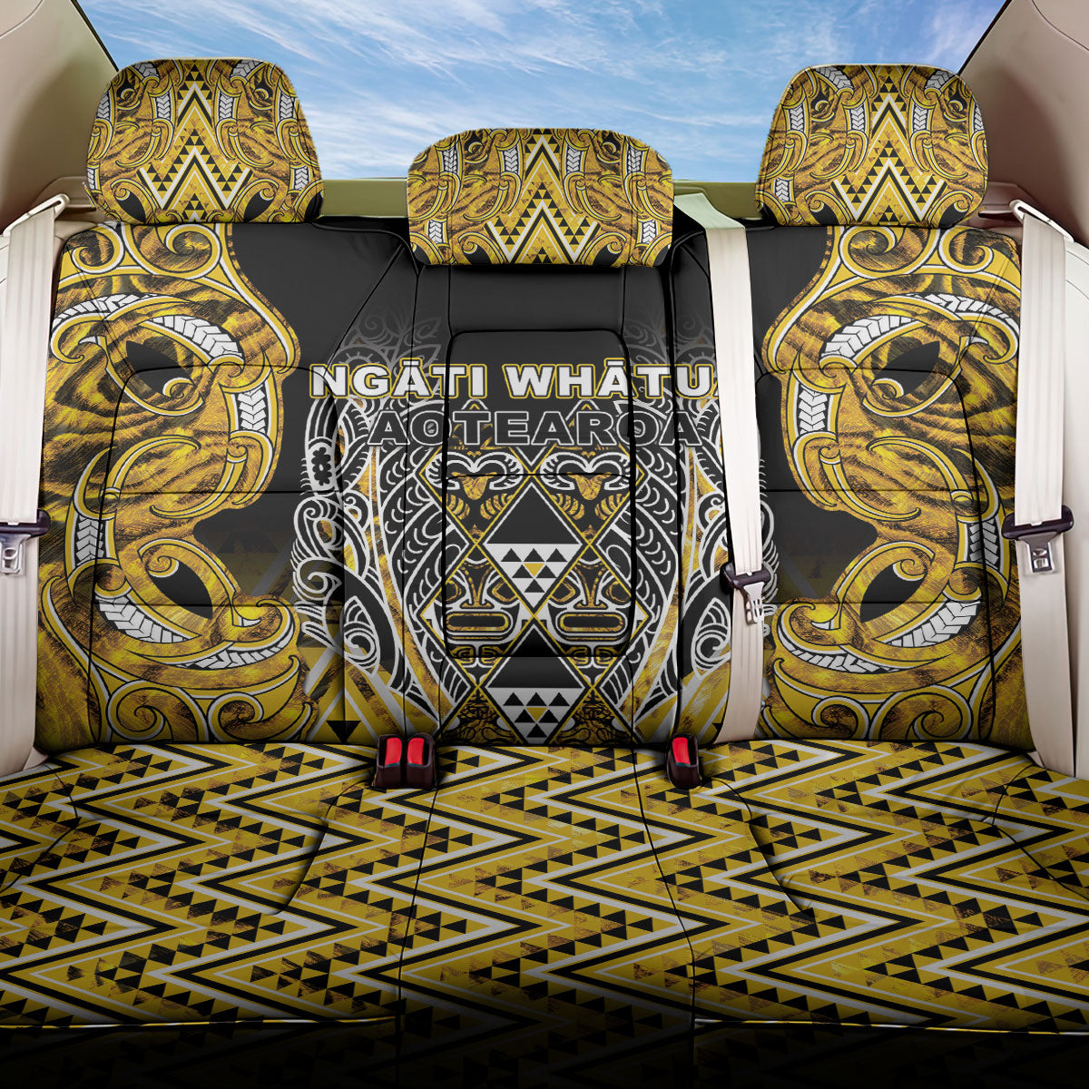 Aotearoa Ngati Whatua Back Car Seat Cover Maori Tribal Gold Paua Shell Pattern DT05 One Size Yellow - Polynesian Pride