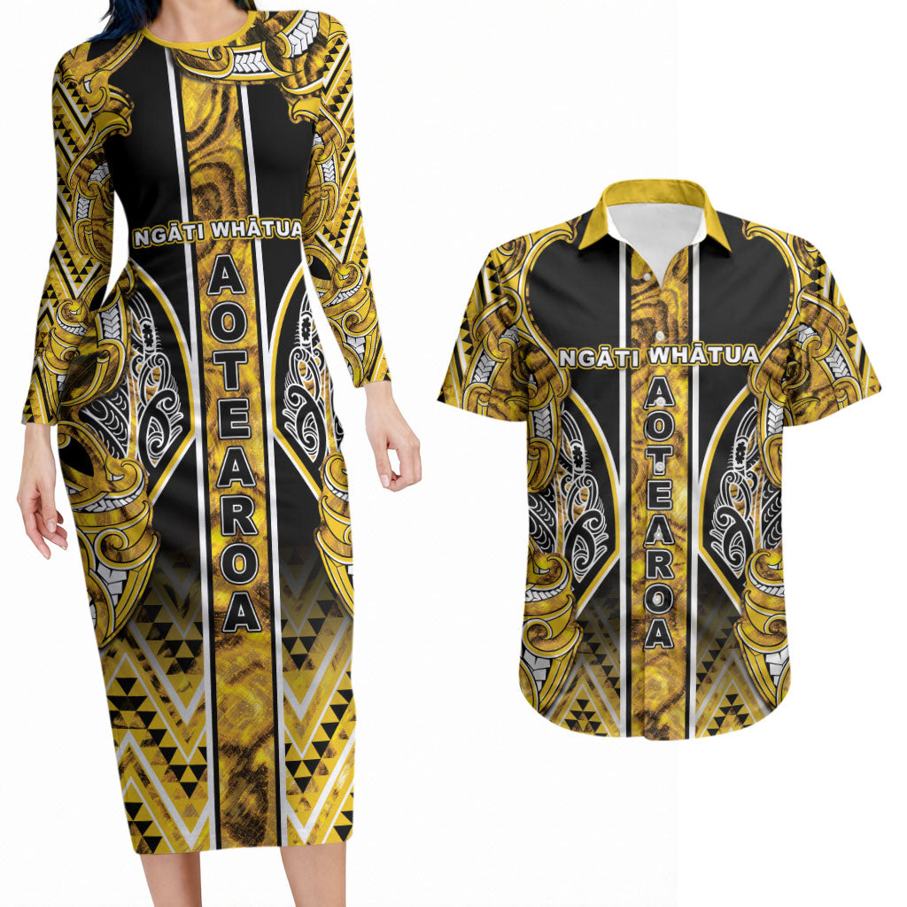 Aotearoa Ngati Whatua Couples Matching Long Sleeve Bodycon Dress and Hawaiian Shirt Maori Tribal Gold Paua Shell Pattern DT05 Yellow - Polynesian Pride