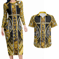 Aotearoa Ngati Whatua Couples Matching Long Sleeve Bodycon Dress and Hawaiian Shirt Maori Tribal Gold Paua Shell Pattern DT05 Yellow - Polynesian Pride