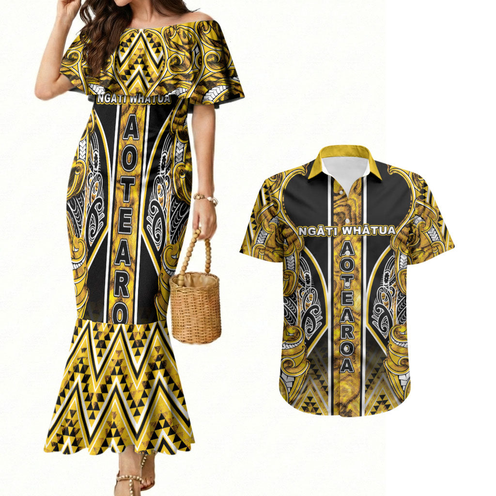 Aotearoa Ngati Whatua Couples Matching Mermaid Dress and Hawaiian Shirt Maori Tribal Gold Paua Shell Pattern DT05 Yellow - Polynesian Pride