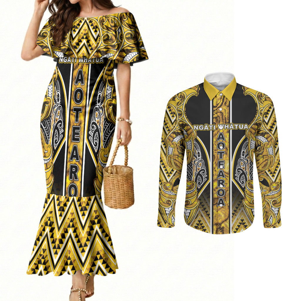 Aotearoa Ngati Whatua Couples Matching Mermaid Dress and Long Sleeve Button Shirt Maori Tribal Gold Paua Shell Pattern DT05 Yellow - Polynesian Pride