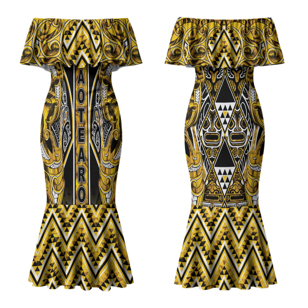 Aotearoa Ngati Whatua Couples Matching Mermaid Dress and Long Sleeve Button Shirt Maori Tribal Gold Paua Shell Pattern DT05 - Polynesian Pride