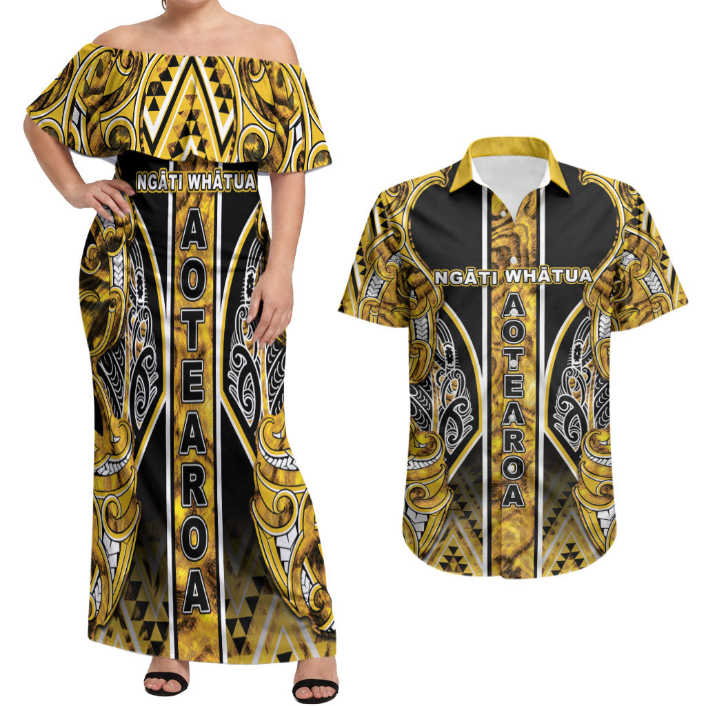 Aotearoa Ngati Whatua Couples Matching Off Shoulder Maxi Dress and Hawaiian Shirt Maori Tribal Gold Paua Shell Pattern DT05 Yellow - Polynesian Pride