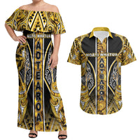Aotearoa Ngati Whatua Couples Matching Off Shoulder Maxi Dress and Hawaiian Shirt Maori Tribal Gold Paua Shell Pattern DT05 Yellow - Polynesian Pride