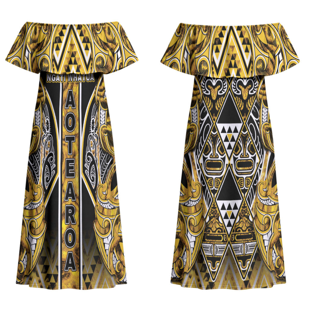 Aotearoa Ngati Whatua Couples Matching Off Shoulder Maxi Dress and Hawaiian Shirt Maori Tribal Gold Paua Shell Pattern DT05 - Polynesian Pride