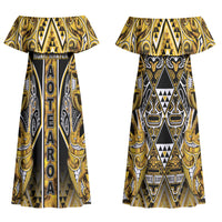 Aotearoa Ngati Whatua Couples Matching Off Shoulder Maxi Dress and Hawaiian Shirt Maori Tribal Gold Paua Shell Pattern DT05 - Polynesian Pride