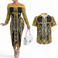 Aotearoa Ngati Whatua Couples Matching Off The Shoulder Long Sleeve Dress and Hawaiian Shirt Maori Tribal Gold Paua Shell Pattern DT05 Yellow - Polynesian Pride