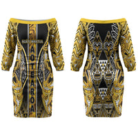 Aotearoa Ngati Whatua Couples Matching Off The Shoulder Long Sleeve Dress and Hawaiian Shirt Maori Tribal Gold Paua Shell Pattern DT05 - Polynesian Pride