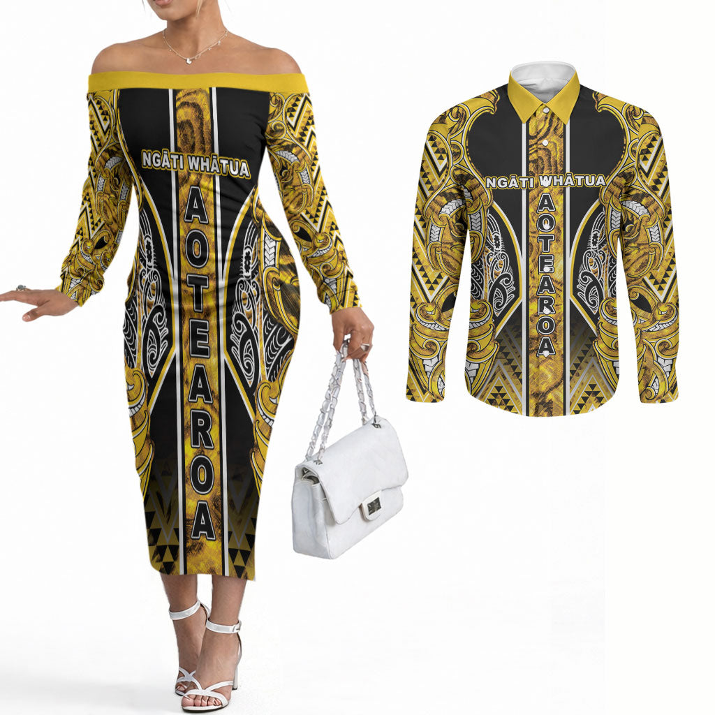 Aotearoa Ngati Whatua Couples Matching Off The Shoulder Long Sleeve Dress and Long Sleeve Button Shirt Maori Tribal Gold Paua Shell Pattern DT05 Yellow - Polynesian Pride