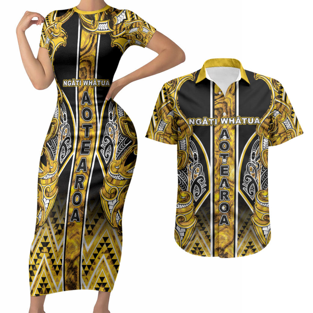 Aotearoa Ngati Whatua Couples Matching Short Sleeve Bodycon Dress and Hawaiian Shirt Maori Tribal Gold Paua Shell Pattern DT05 Yellow - Polynesian Pride