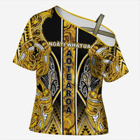 Aotearoa Ngati Whatua Cross Shoulder Shirt Maori Tribal Gold Paua Shell Pattern DT05 Female Yellow - Polynesian Pride