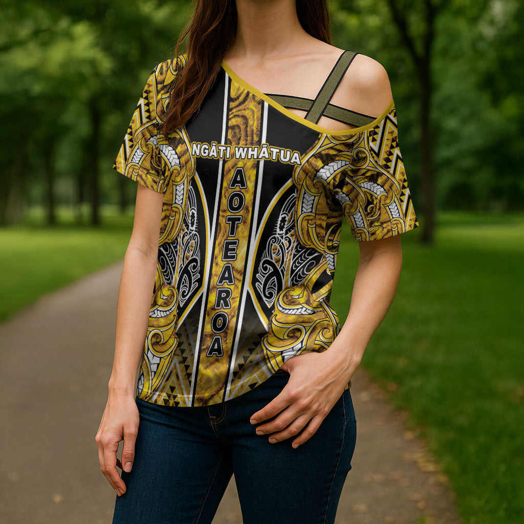 Aotearoa Ngati Whatua Cross Shoulder Shirt Maori Tribal Gold Paua Shell Pattern DT05 - Polynesian Pride