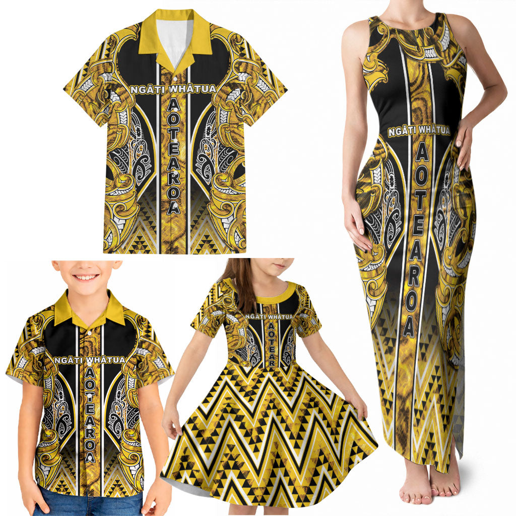 Aotearoa Ngati Whatua Family Matching Tank Maxi Dress and Hawaiian Shirt Maori Tribal Gold Paua Shell Pattern DT05 - Polynesian Pride