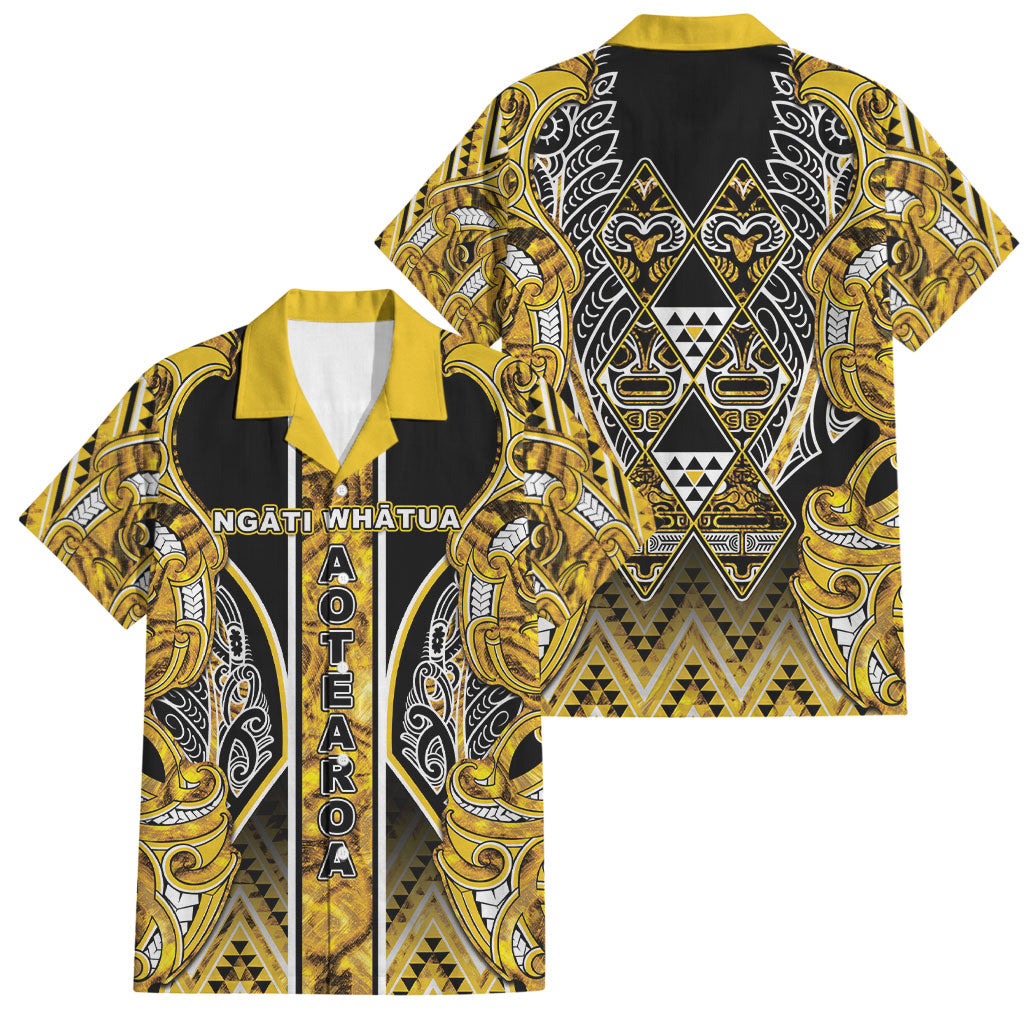 Aotearoa Ngati Whatua Family Matching Tank Maxi Dress and Hawaiian Shirt Maori Tribal Gold Paua Shell Pattern DT05 Dad's Shirt - Short Sleeve Yellow - Polynesian Pride