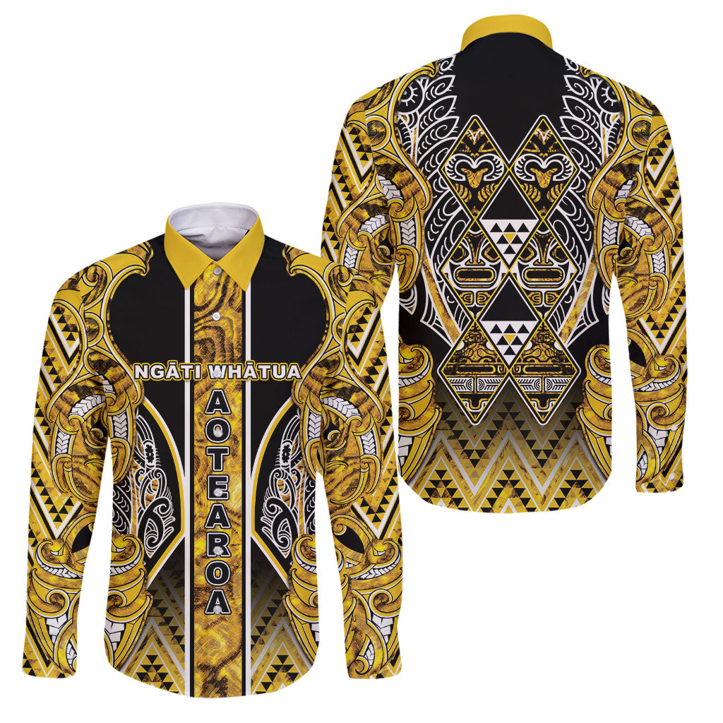 Aotearoa Ngati Whatua Family Matching Tank Maxi Dress and Hawaiian Shirt Maori Tribal Gold Paua Shell Pattern DT05 Dad's Shirt - Long Sleeve Yellow - Polynesian Pride