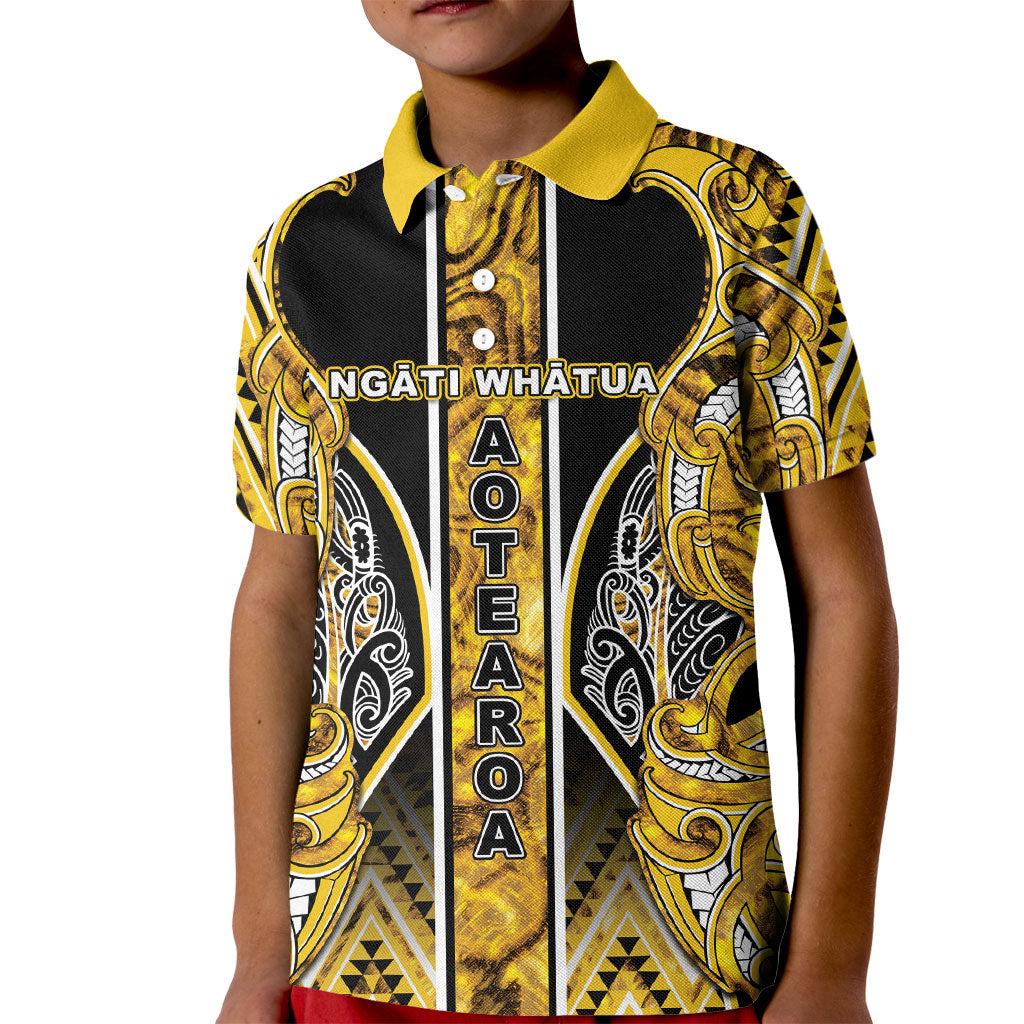 Aotearoa Ngati Whatua Kid Polo Shirt Maori Tribal Gold Paua Shell Pattern DT05 Kid Yellow - Polynesian Pride