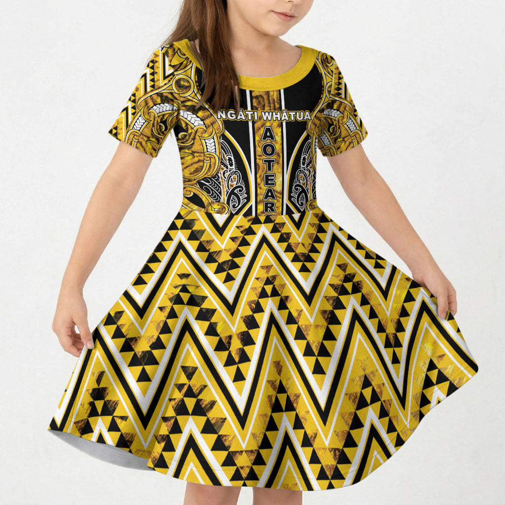 Aotearoa Ngati Whatua Kid Short Sleeve Dress Maori Tribal Gold Paua Shell Pattern DT05 KID Yellow - Polynesian Pride