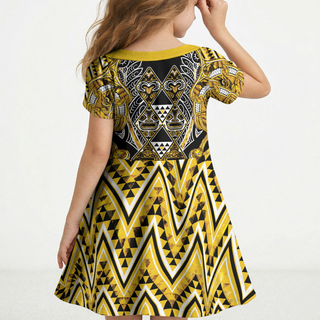 Aotearoa Ngati Whatua Kid Short Sleeve Dress Maori Tribal Gold Paua Shell Pattern DT05 - Polynesian Pride