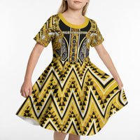 Aotearoa Ngati Whatua Kid Short Sleeve Dress Maori Tribal Gold Paua Shell Pattern DT05 - Polynesian Pride