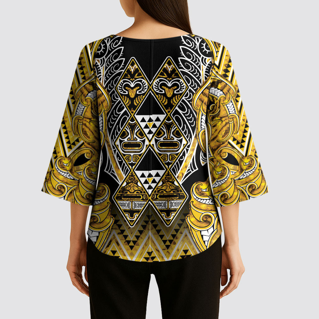 Aotearoa Ngati Whatua Kimono Sleeve Blouse Maori Tribal Gold Paua Shell Pattern DT05 - Polynesian Pride