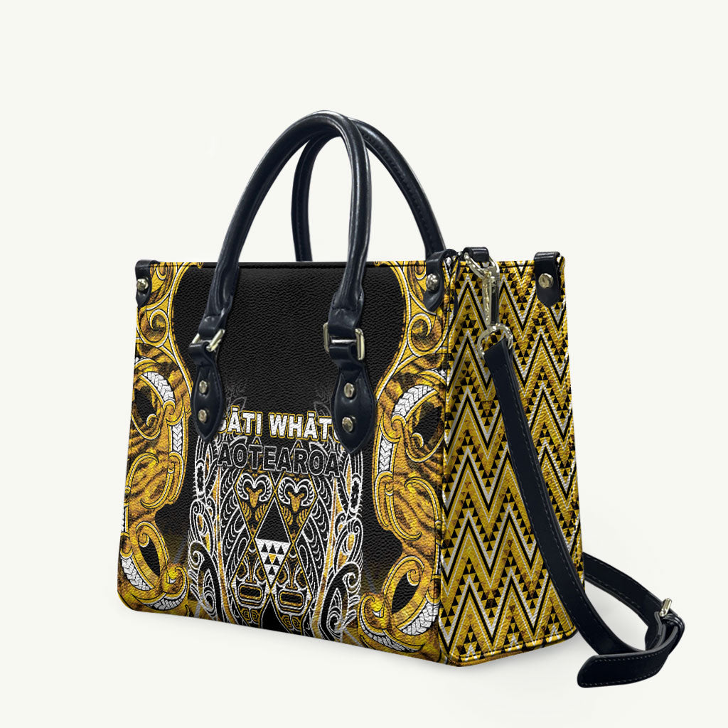 Aotearoa Ngati Whatua Leather Bag Maori Tribal Gold Paua Shell Pattern DT05 Yellow - Polynesian Pride