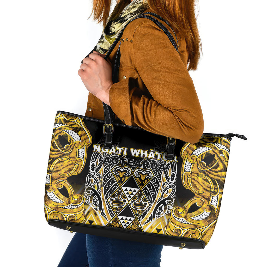 Aotearoa Ngati Whatua Leather Tote Bag Maori Tribal Gold Paua Shell Pattern DT05 Yellow - Polynesian Pride