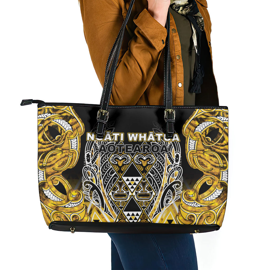 Aotearoa Ngati Whatua Leather Tote Bag Maori Tribal Gold Paua Shell Pattern DT05 - Polynesian Pride