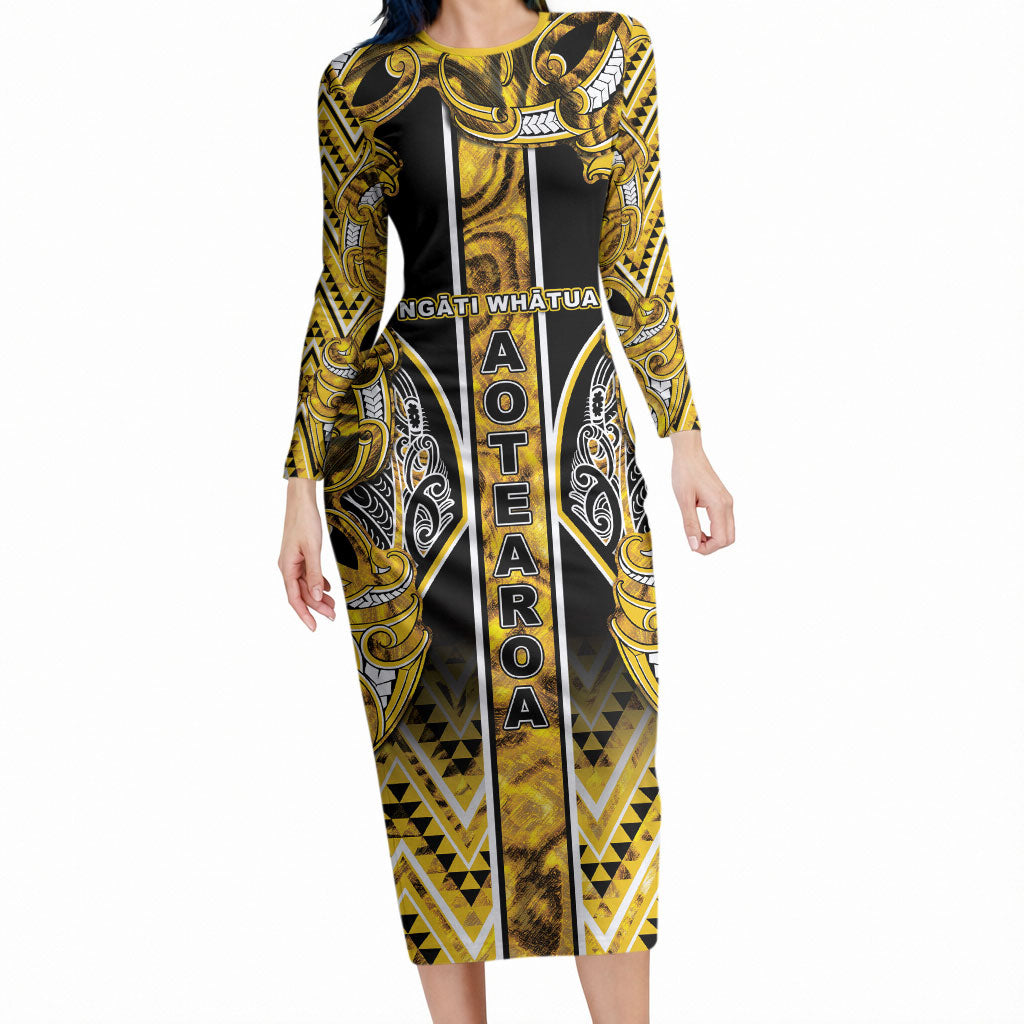 Aotearoa Ngati Whatua Long Sleeve Bodycon Dress Maori Tribal Gold Paua Shell Pattern DT05 Long Dress Yellow - Polynesian Pride