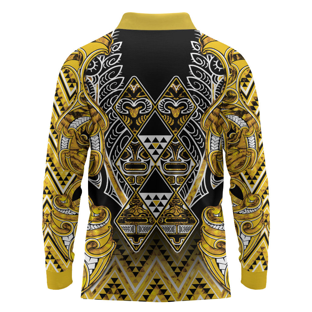 Aotearoa Ngati Whatua Long Sleeve Polo Shirt Maori Tribal Gold Paua Shell Pattern DT05 - Polynesian Pride