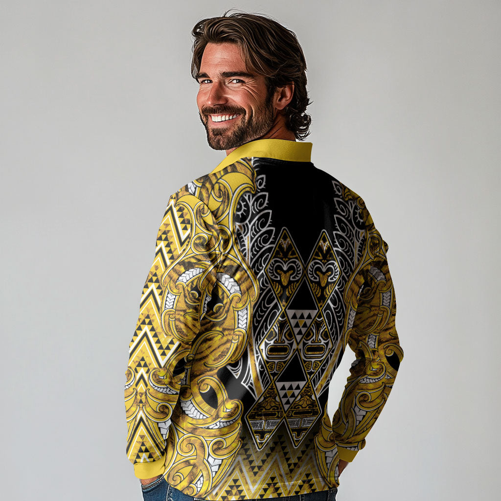 Aotearoa Ngati Whatua Long Sleeve Polo Shirt Maori Tribal Gold Paua Shell Pattern DT05 - Polynesian Pride