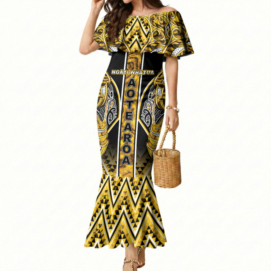 Aotearoa Ngati Whatua Mermaid Dress Maori Tribal Gold Paua Shell Pattern DT05 Women Yellow - Polynesian Pride
