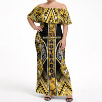 Aotearoa Ngati Whatua Off Shoulder Maxi Dress Maori Tribal Gold Paua Shell Pattern DT05 Women Yellow - Polynesian Pride