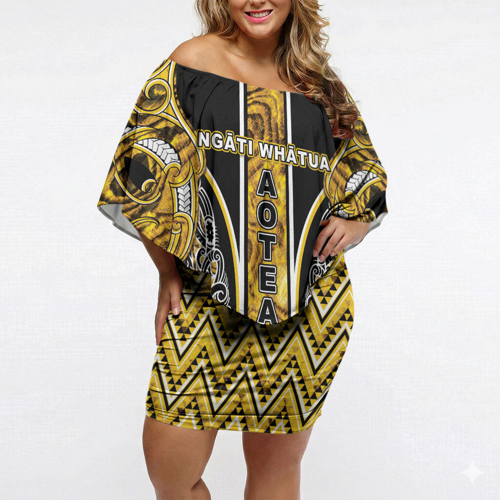 Aotearoa Ngati Whatua Off Shoulder Short Dress Maori Tribal Gold Paua Shell Pattern DT05 Women Yellow - Polynesian Pride