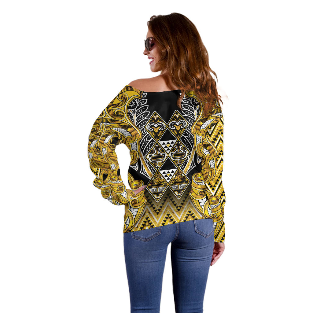 Aotearoa Ngati Whatua Off Shoulder Sweater Maori Tribal Gold Paua Shell Pattern DT05 - Polynesian Pride
