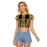 Aotearoa Ngati Whatua Raglan Cropped T Shirt Maori Tribal Gold Paua Shell Pattern DT05 Female Yellow - Polynesian Pride