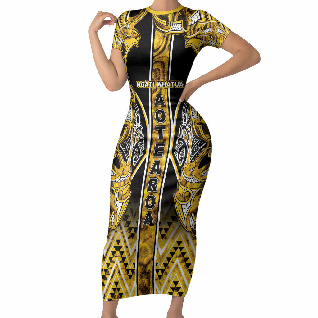 Aotearoa Ngati Whatua Short Sleeve Bodycon Dress Maori Tribal Gold Paua Shell Pattern DT05 Long Dress Yellow - Polynesian Pride