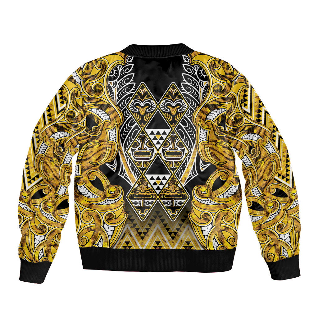 Aotearoa Ngati Whatua Sleeve Zip Bomber Jacket Maori Tribal Gold Paua Shell Pattern DT05 - Polynesian Pride