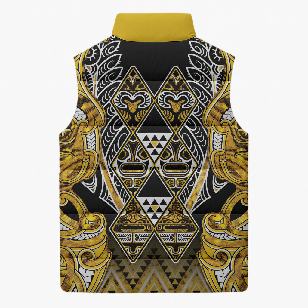 Aotearoa Ngati Whatua Sleeveless Puffer Jacket Maori Tribal Gold Paua Shell Pattern DT05 - Polynesian Pride