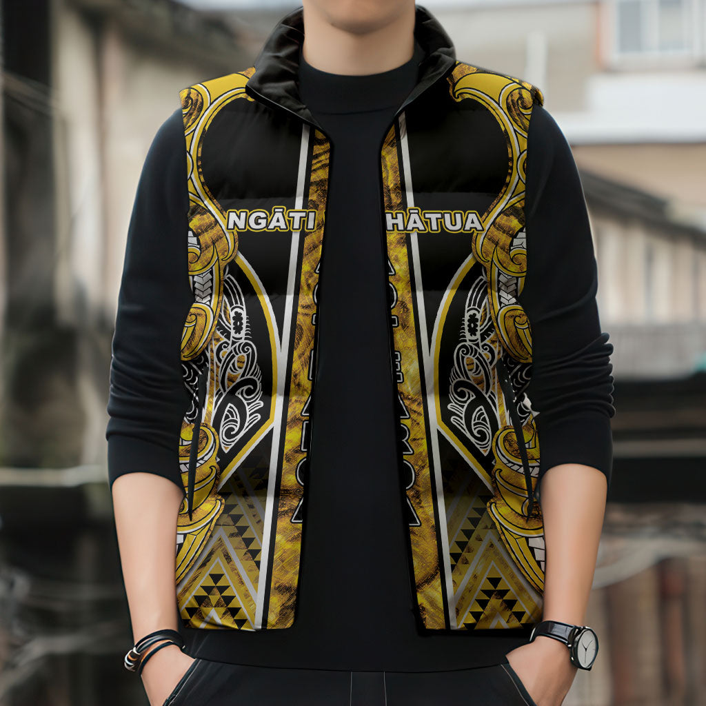 Aotearoa Ngati Whatua Sleeveless Puffer Jacket Maori Tribal Gold Paua Shell Pattern DT05 - Polynesian Pride