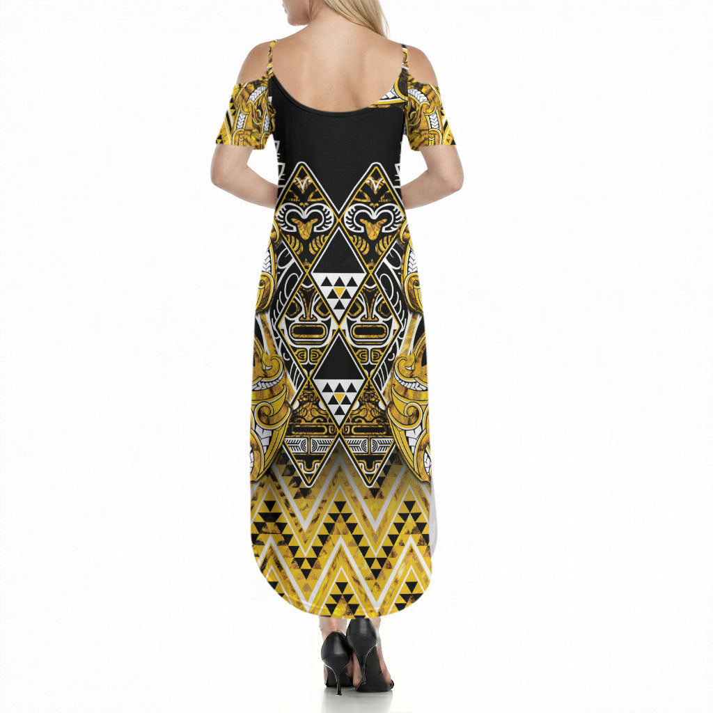 Aotearoa Ngati Whatua Summer Maxi Dress Maori Tribal Gold Paua Shell Pattern DT05 - Polynesian Pride