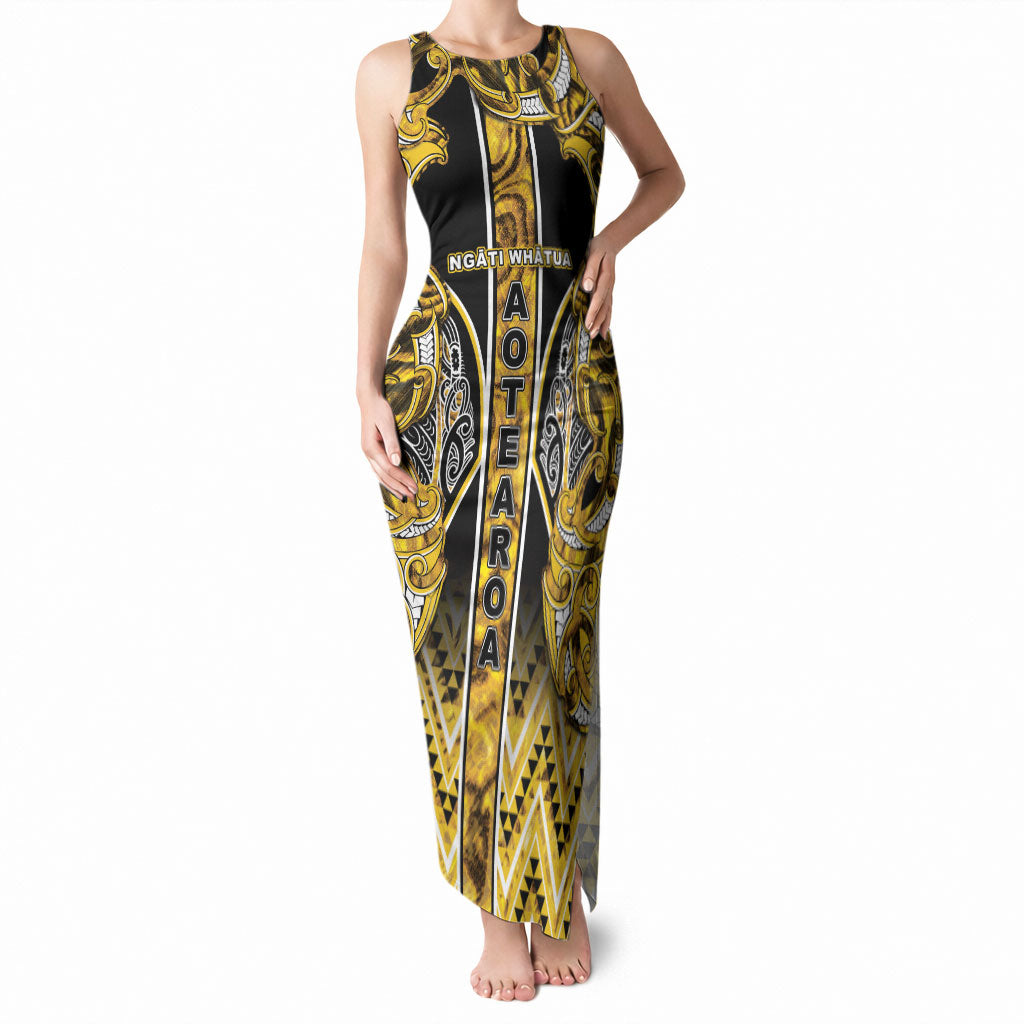 Aotearoa Ngati Whatua Tank Maxi Dress Maori Tribal Gold Paua Shell Pattern DT05 Women Yellow - Polynesian Pride