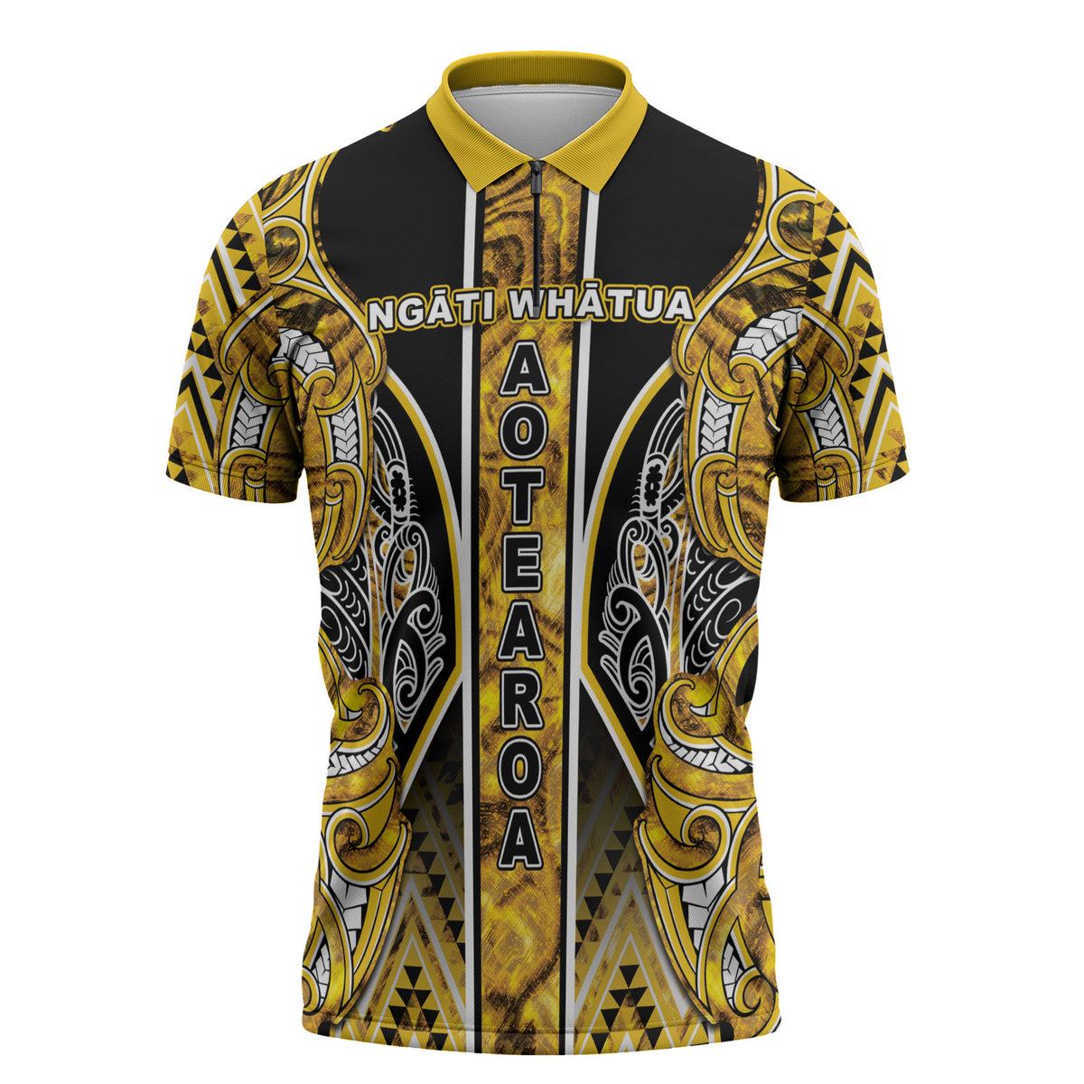 Aotearoa Ngati Whatua Zipper Polo Shirt Maori Tribal Gold Paua Shell Pattern DT05 Yellow - Polynesian Pride