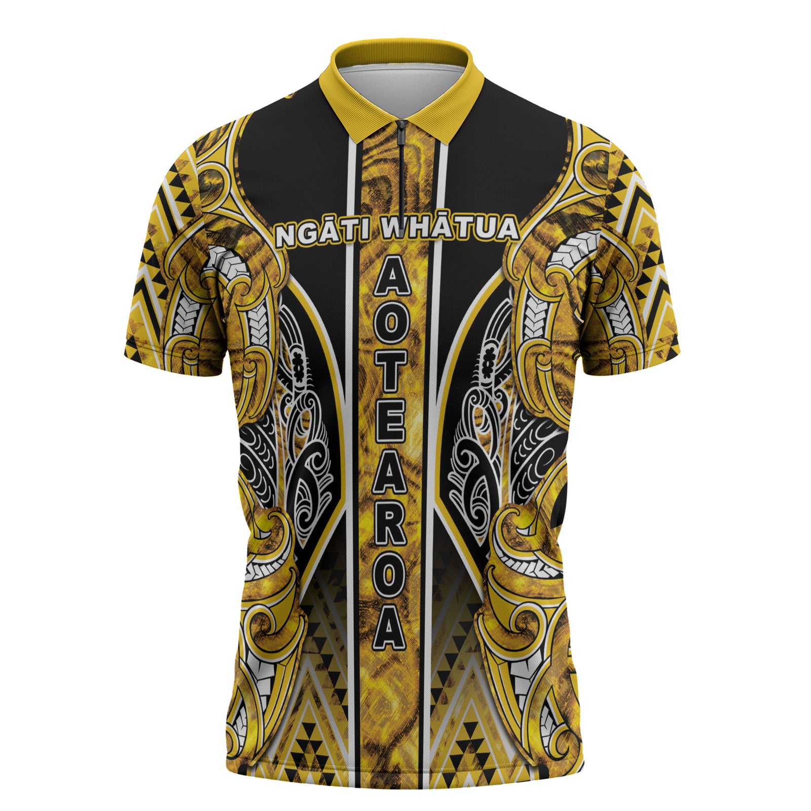 Aotearoa Ngati Whatua Zipper Polo Shirt Maori Tribal Gold Paua Shell Pattern DT05 Yellow - Polynesian Pride