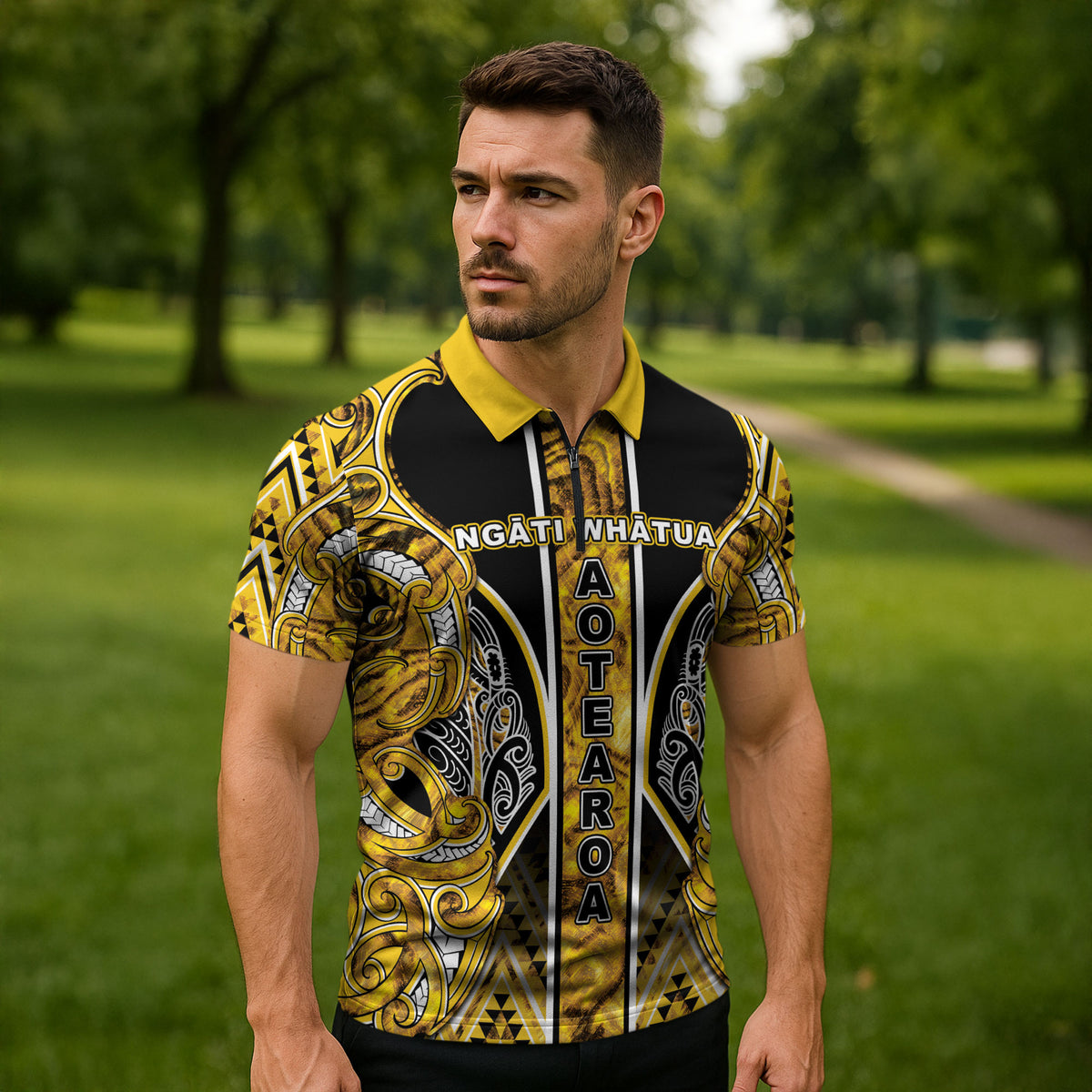 Aotearoa Ngati Whatua Zipper Polo Shirt Maori Tribal Gold Paua Shell Pattern DT05 - Polynesian Pride