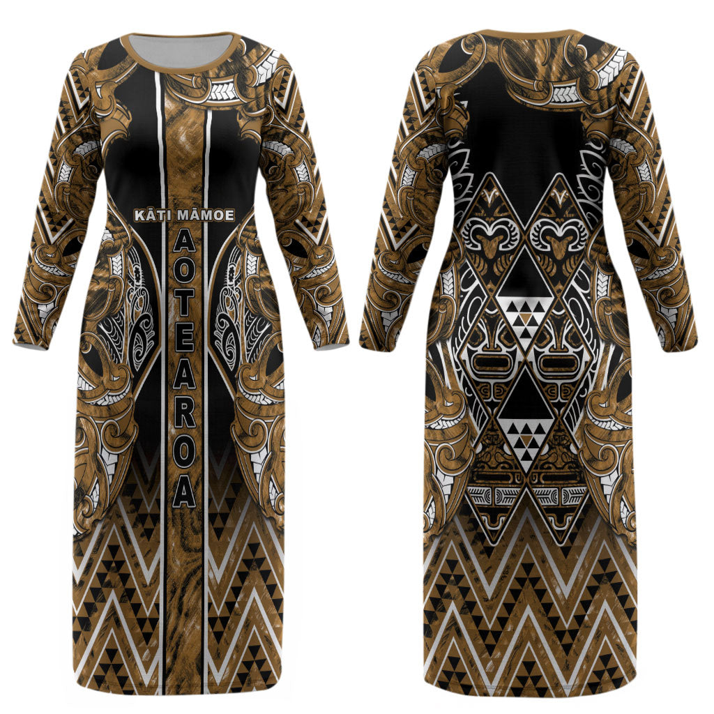 Aotearoa Kati Mamoe Couples Matching Long Sleeve Bodycon Dress and Hawaiian Shirt Maori Brown Tribal Paua Shell Pattern DT05 - Polynesian Pride