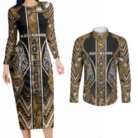 Aotearoa Kati Mamoe Couples Matching Long Sleeve Bodycon Dress and Long Sleeve Button Shirt Maori Brown Tribal Paua Shell Pattern DT05 Brown - Polynesian Pride