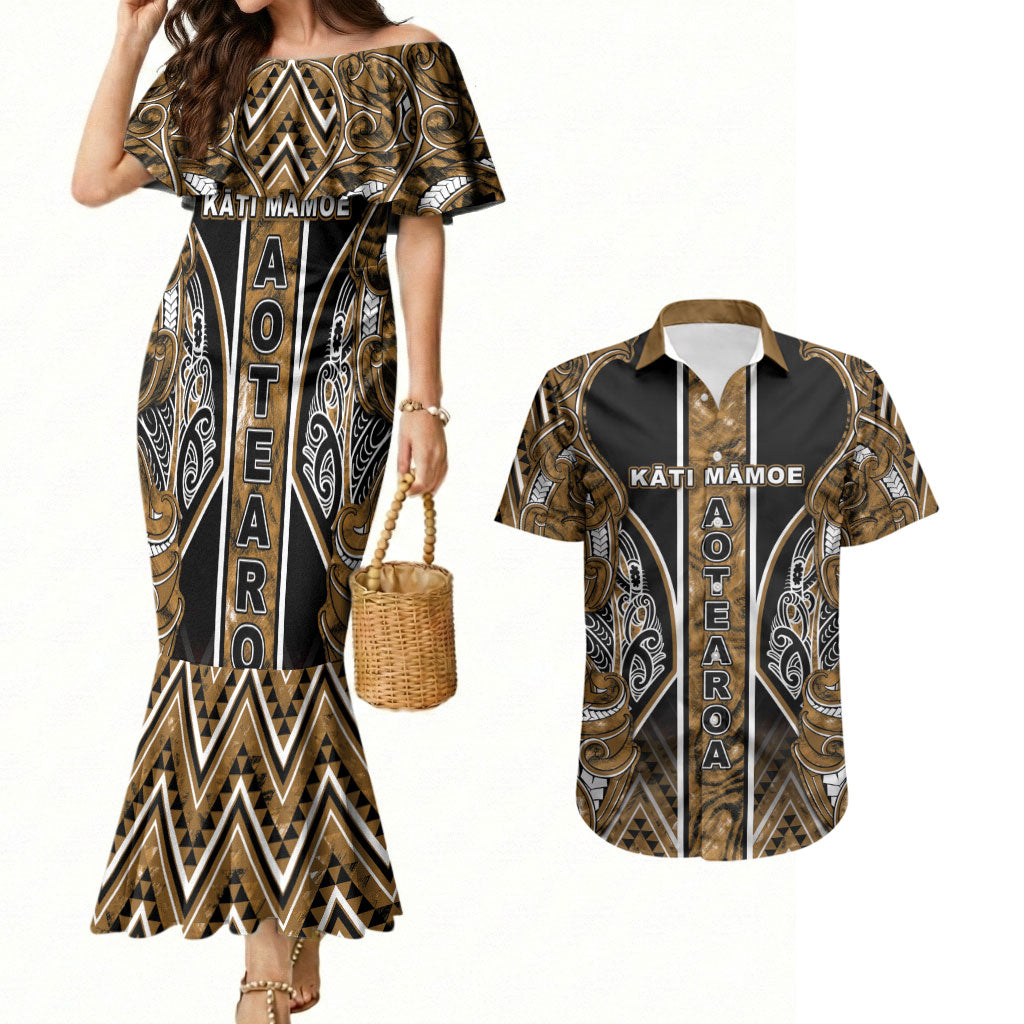 Aotearoa Kati Mamoe Couples Matching Mermaid Dress and Hawaiian Shirt Maori Brown Tribal Paua Shell Pattern DT05 Brown - Polynesian Pride
