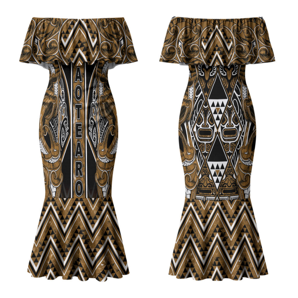 Aotearoa Kati Mamoe Couples Matching Mermaid Dress and Hawaiian Shirt Maori Brown Tribal Paua Shell Pattern DT05 - Polynesian Pride