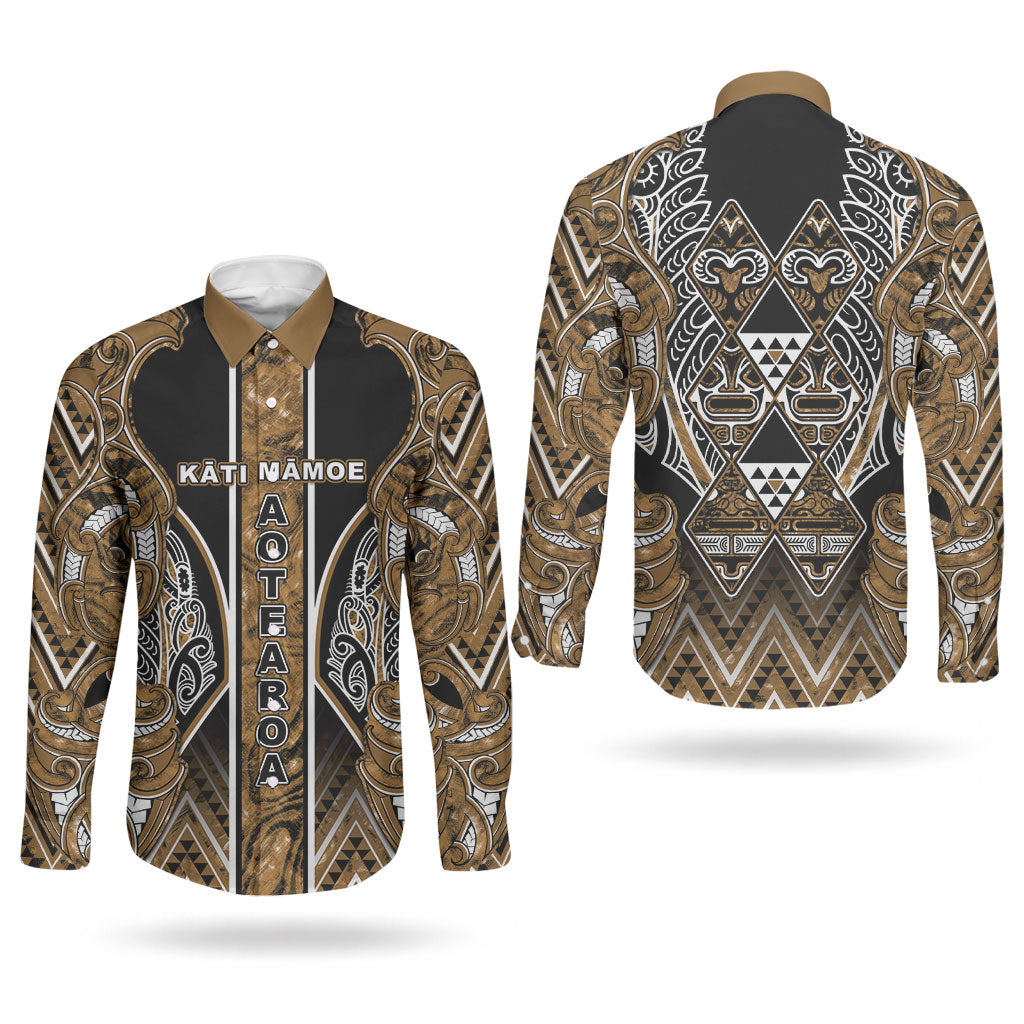 Aotearoa Kati Mamoe Couples Matching Off Shoulder Maxi Dress and Long Sleeve Button Shirt Maori Brown Tribal Paua Shell Pattern DT05 - Polynesian Pride