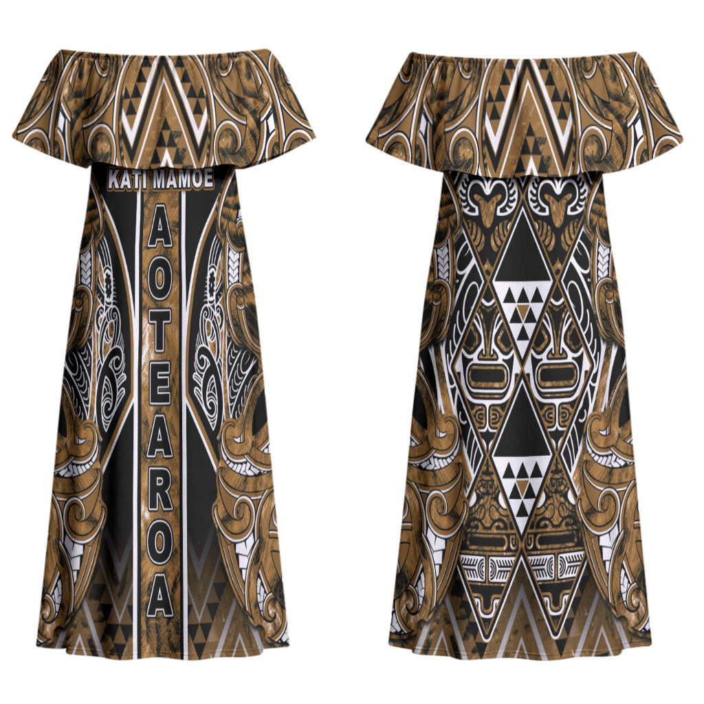 Aotearoa Kati Mamoe Couples Matching Off Shoulder Maxi Dress and Long Sleeve Button Shirt Maori Brown Tribal Paua Shell Pattern DT05 - Polynesian Pride